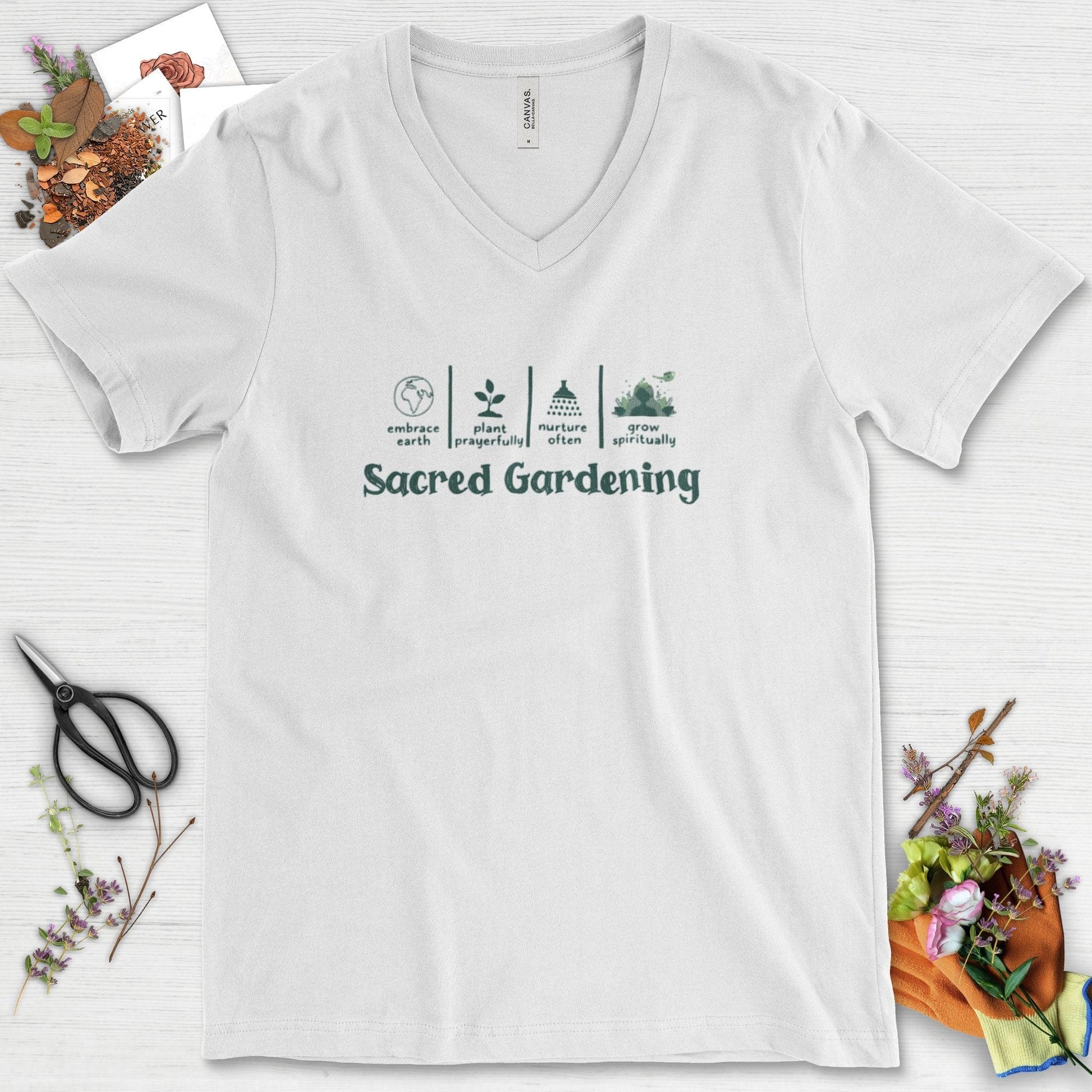 Sacred Gardening Plant Water Grow V-Neck White / S T-Shirt