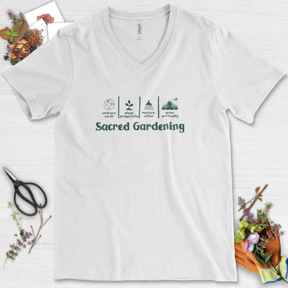 Sacred Gardening Plant Water Grow V-Neck White / S T-Shirt