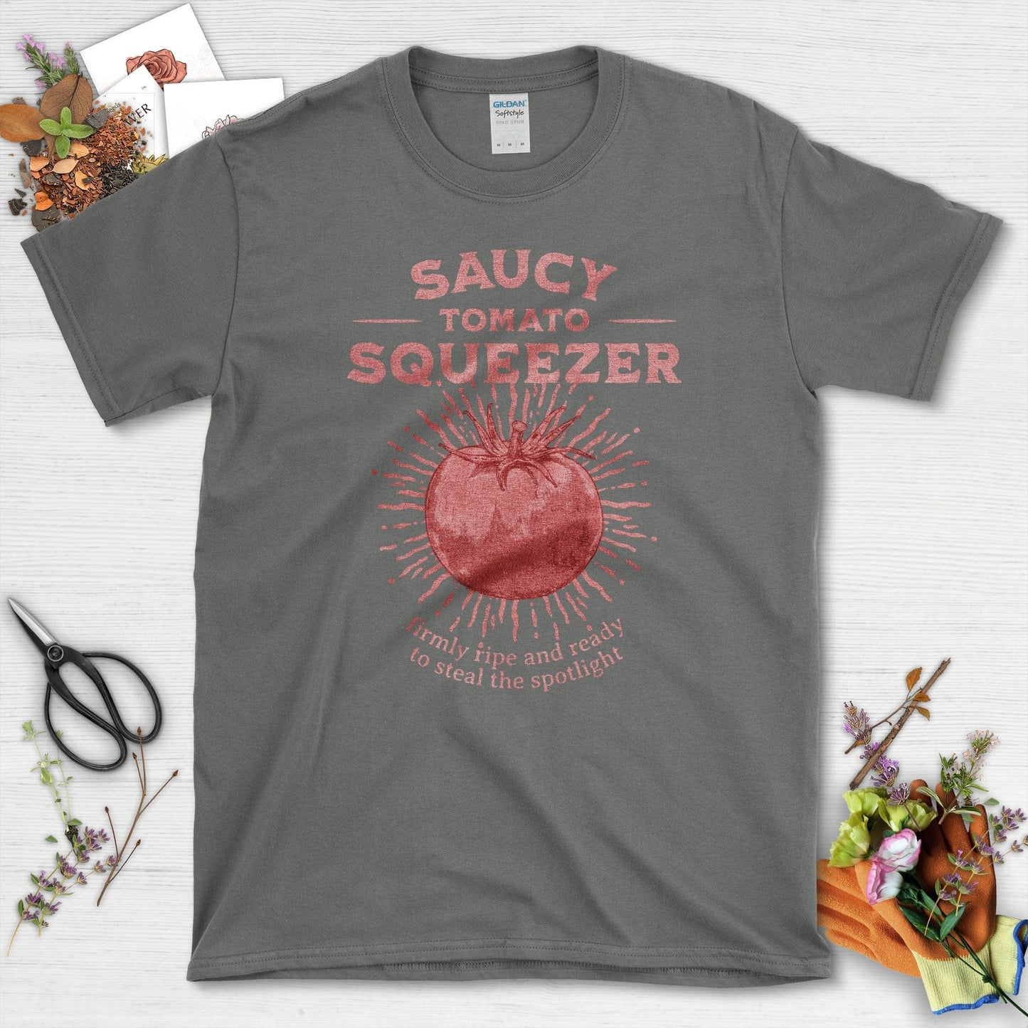 Saucy Tomato Squeezer Firmly Ripe Ready T-Shirts Charcoal / S T-Shirt