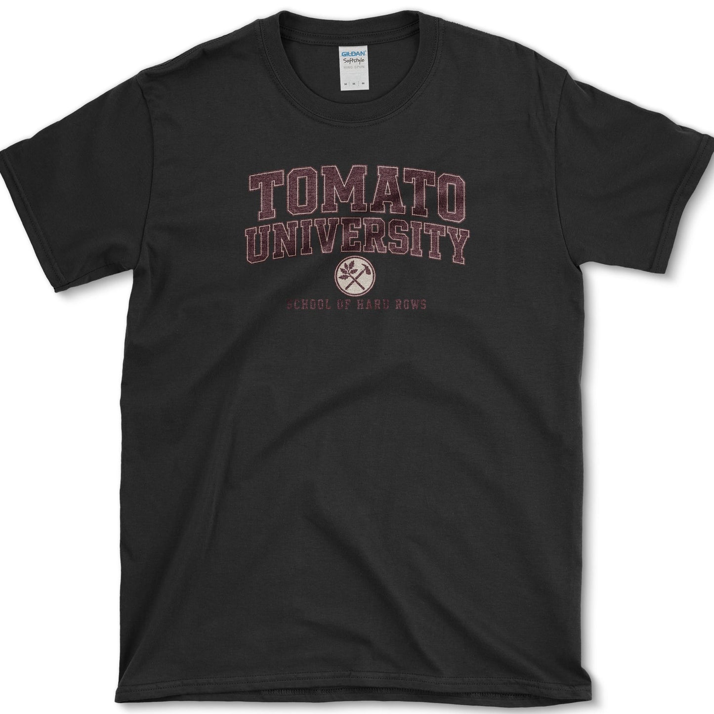 School of Hard Rows design featuring tomato gardener artwork on a t-shirt
