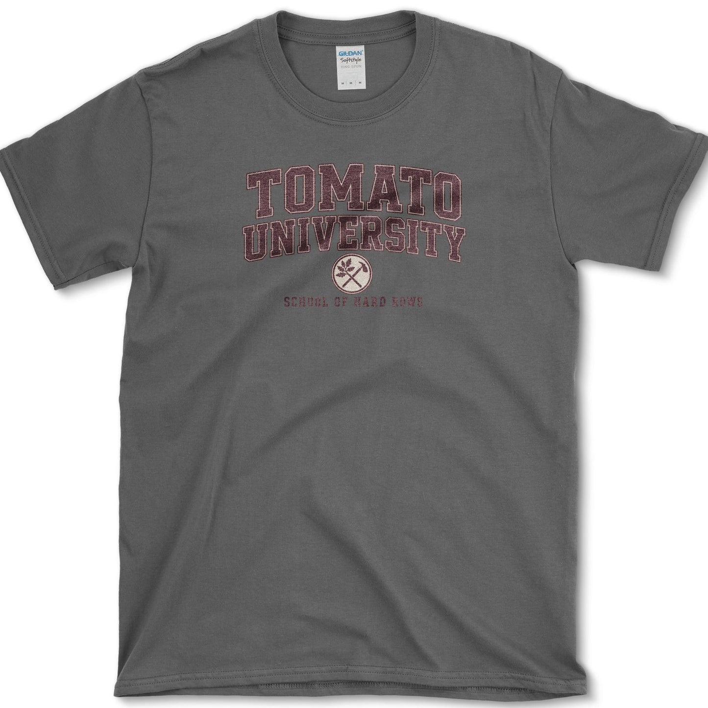 School of Hard Rows design featuring tomato gardener artwork on a t-shirt