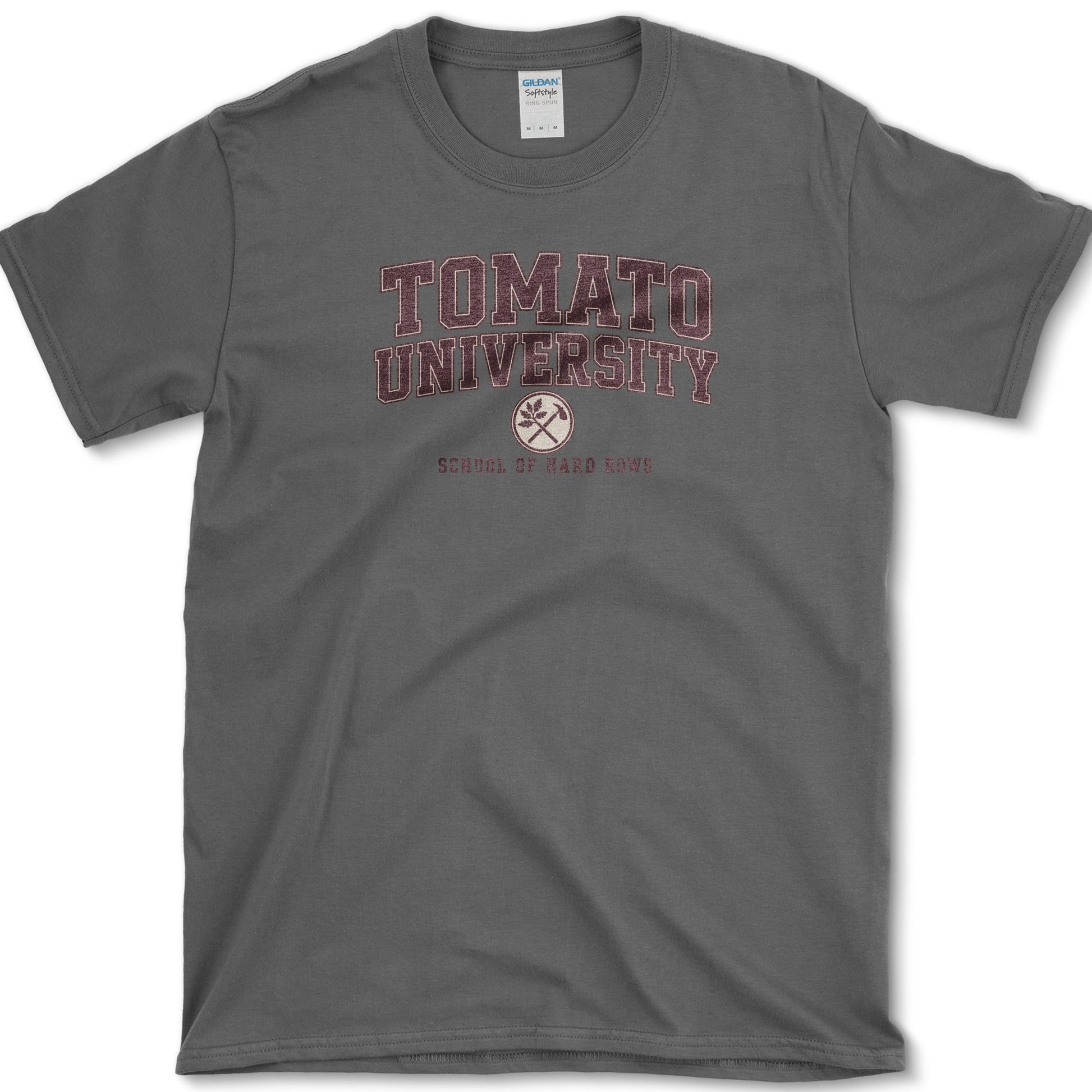 School of Hard Rows design featuring tomato gardener artwork on a t-shirt