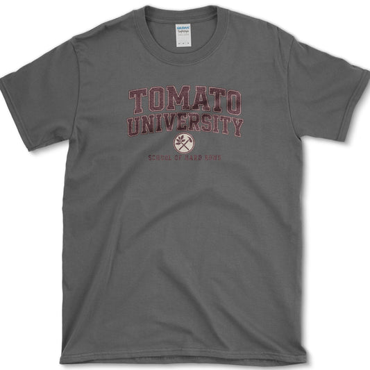 School of Hard Rows design featuring tomato gardener artwork on a t-shirt