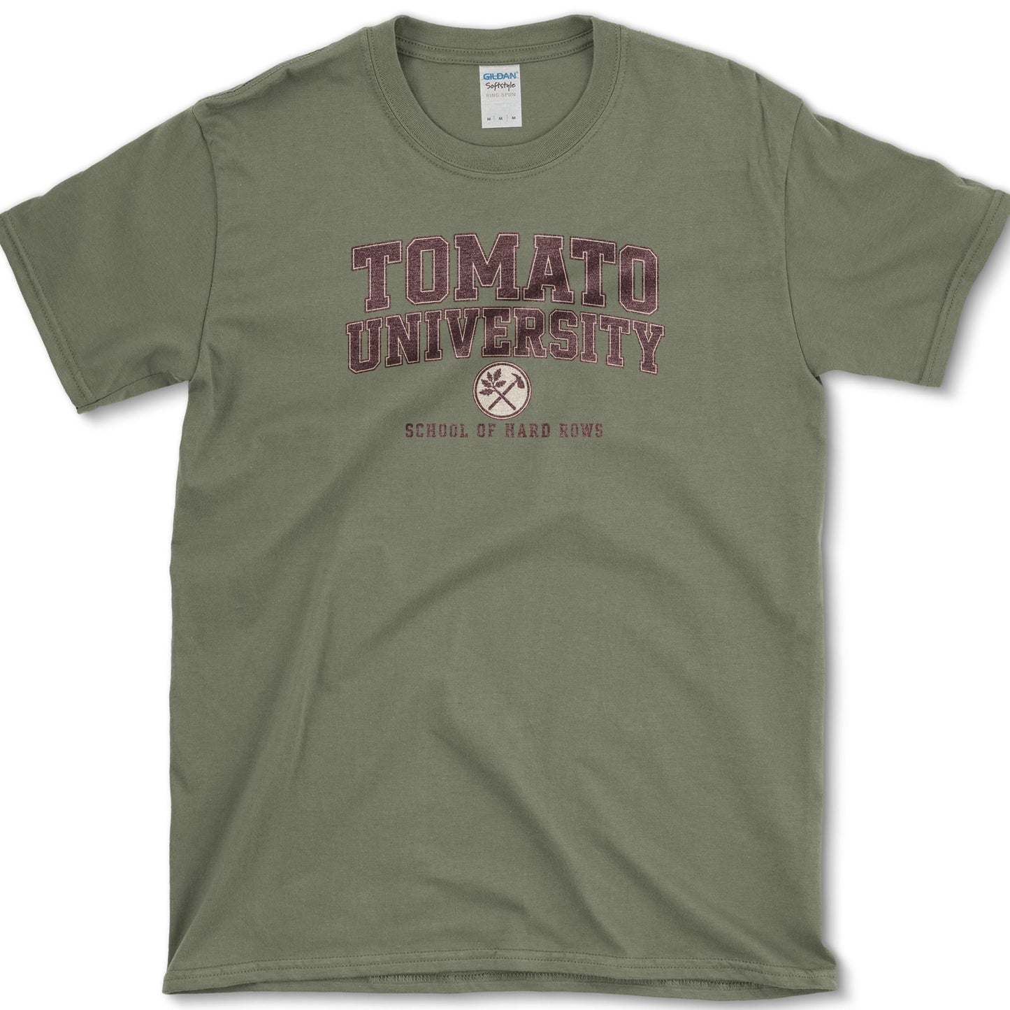 School of Hard Rows design featuring tomato gardener artwork on a t-shirt