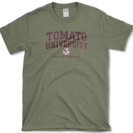 School of Hard Rows design featuring tomato gardener artwork on a t-shirt