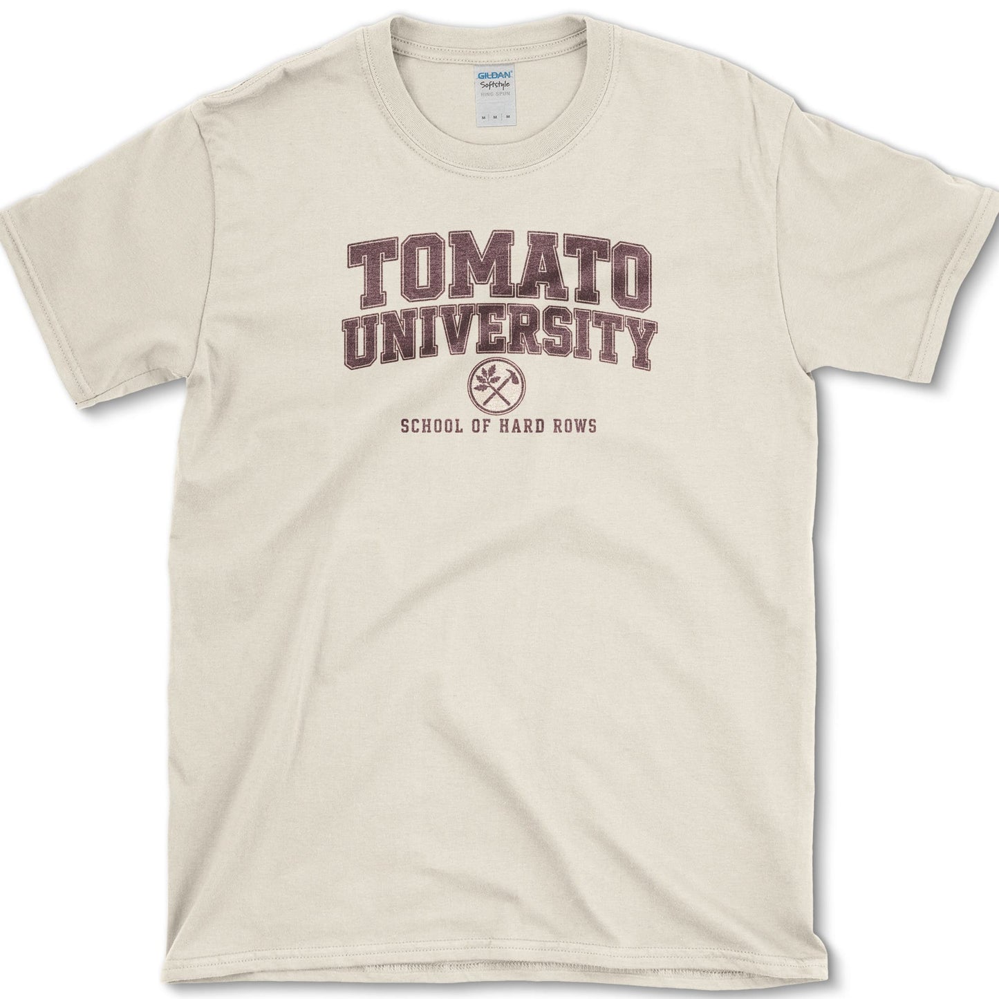 School of Hard Rows design featuring tomato gardener artwork on a t-shirt