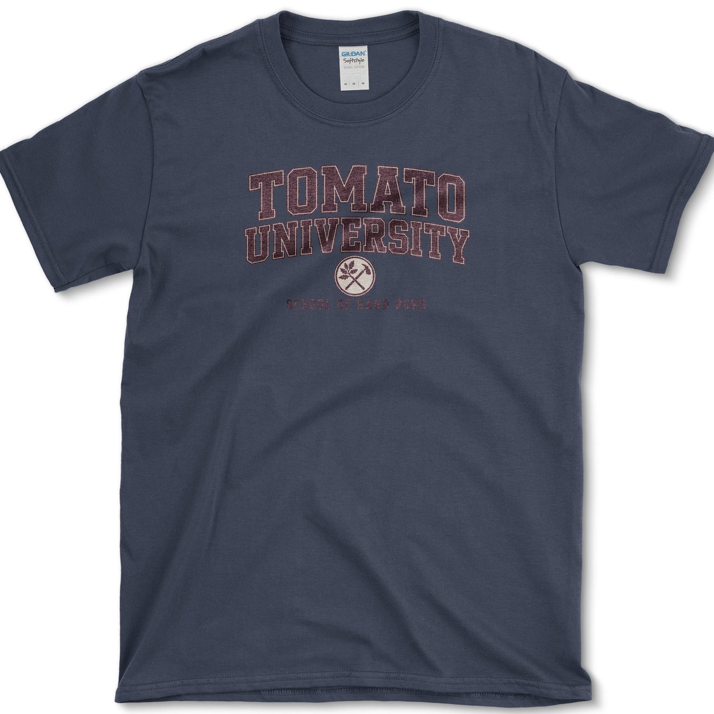 School of Hard Rows design featuring tomato gardener artwork on a t-shirt