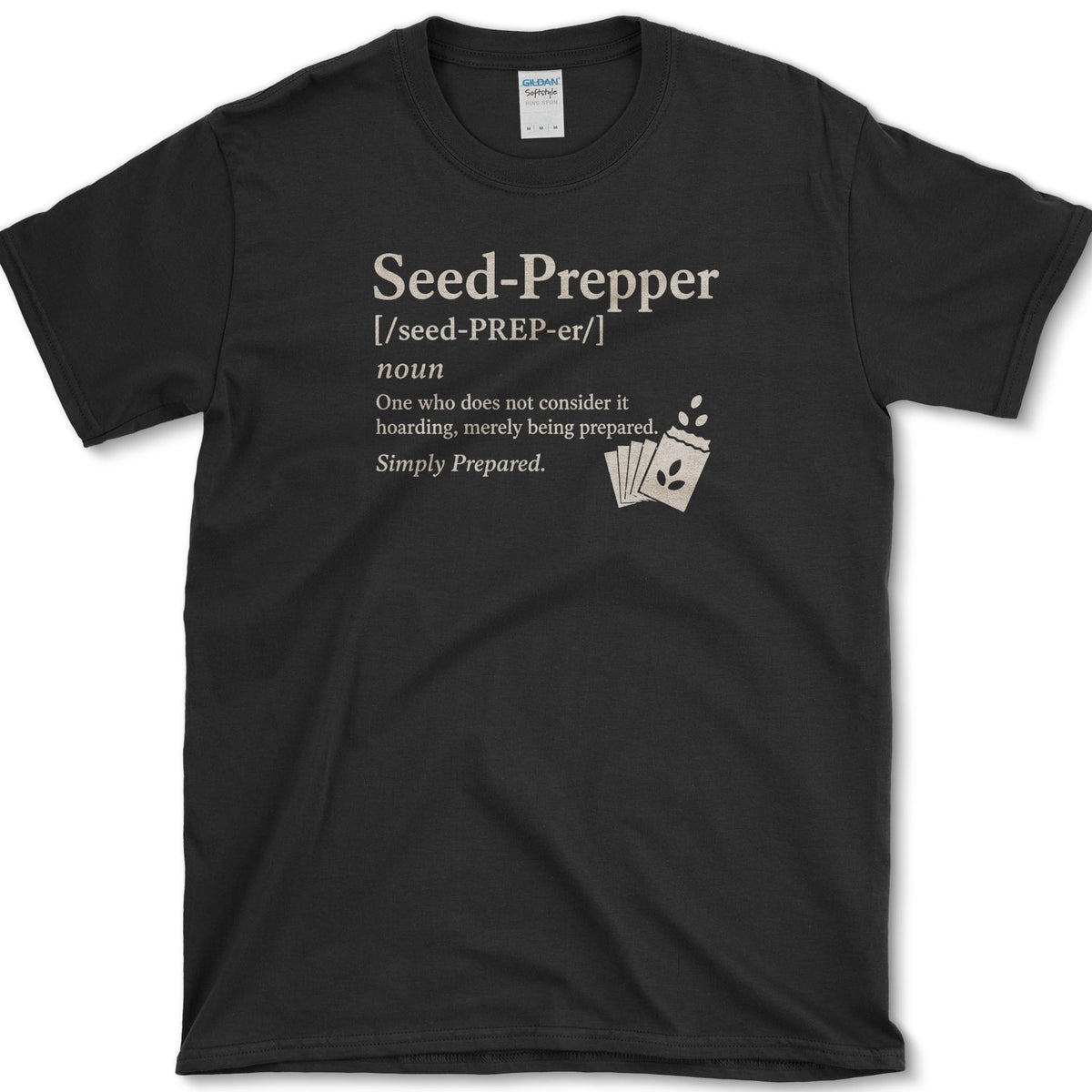 Seed Prepper dictionary-style seed packet illustration on a T-shirt