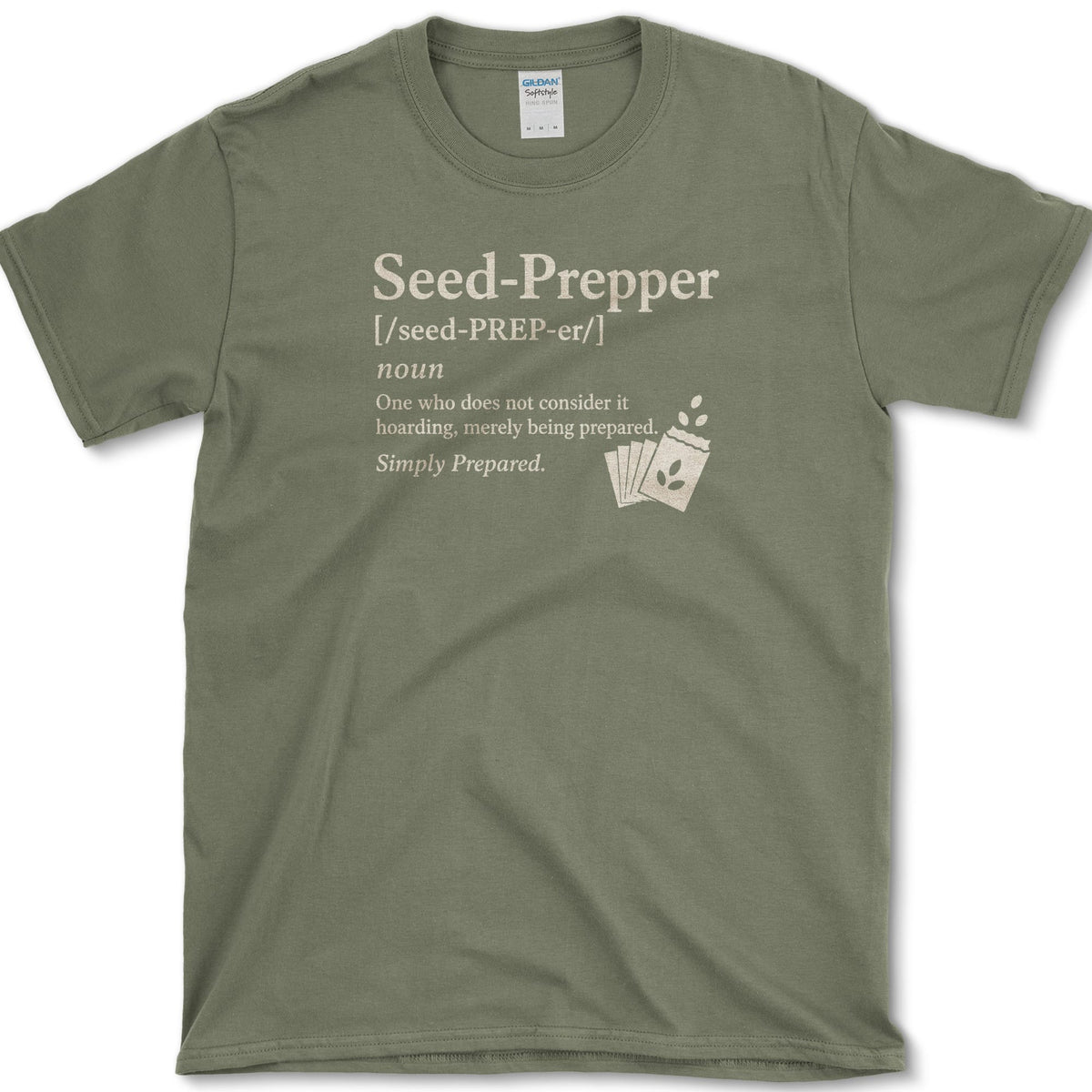 Seed Prepper dictionary-style seed packet illustration on a T-shirt