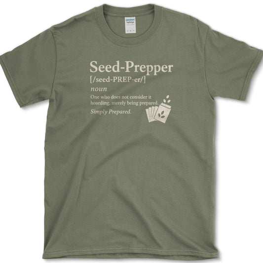 Seed Prepper dictionary-style seed packet illustration on a T-shirt
