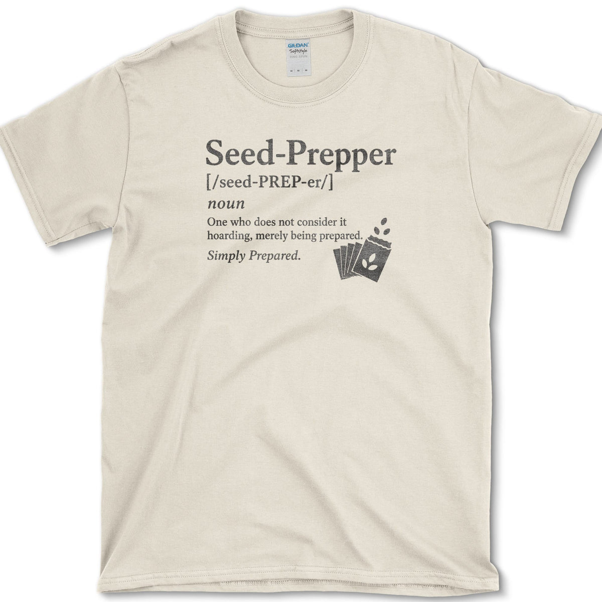 Seed Prepper dictionary-style seed packet illustration on a T-shirt