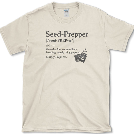 Seed Prepper dictionary-style seed packet illustration on a T-shirt