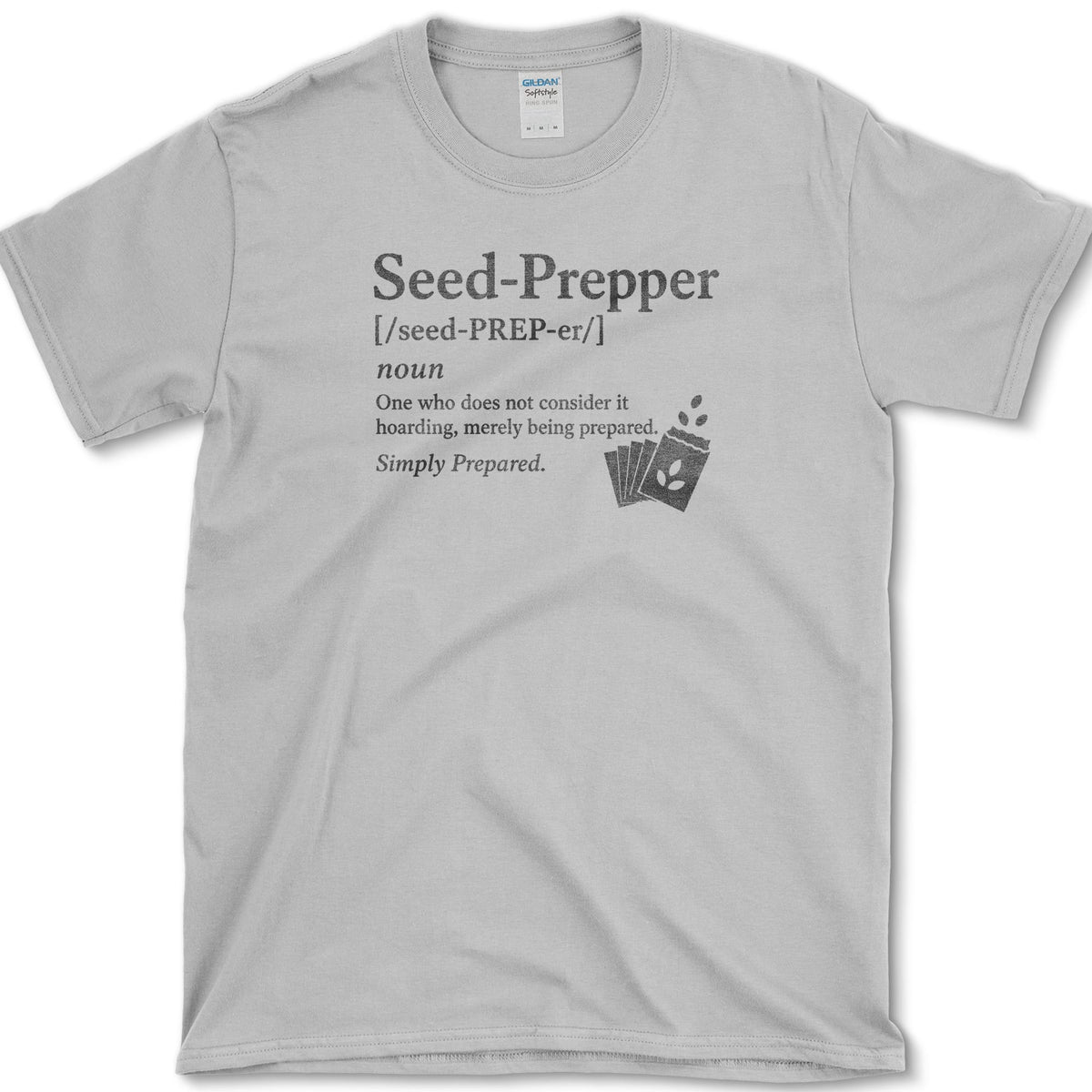 Seed Prepper dictionary-style seed packet illustration on a T-shirt
