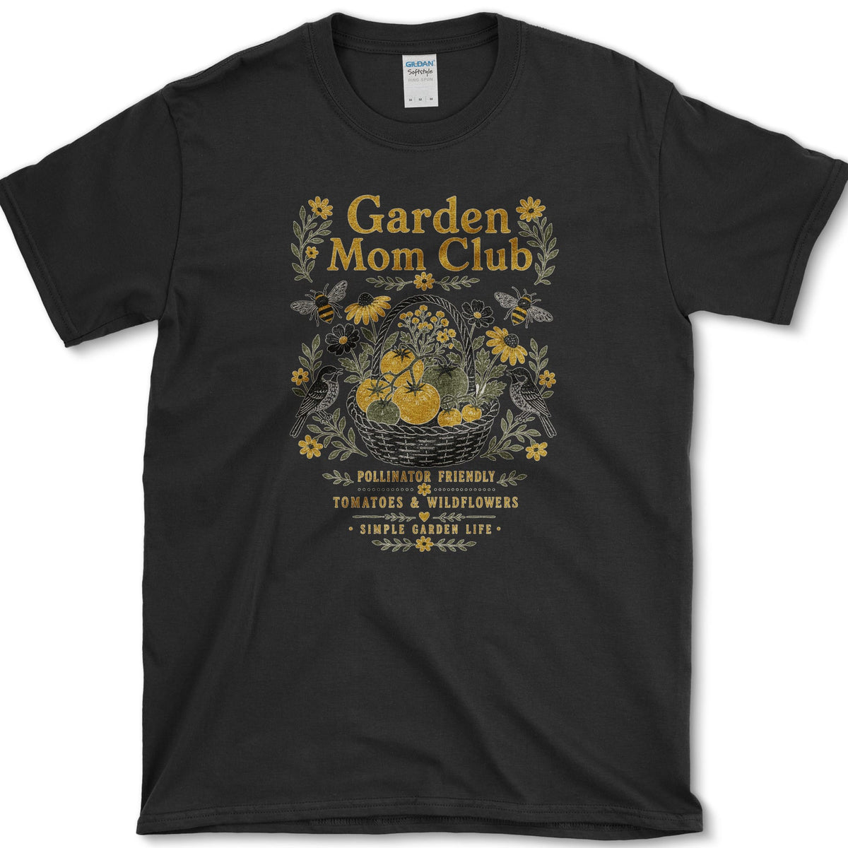 Bees and wildflowers surrounding a basket of tomatoes beneath Garden Mom Club and Pollinator Friendly lettering