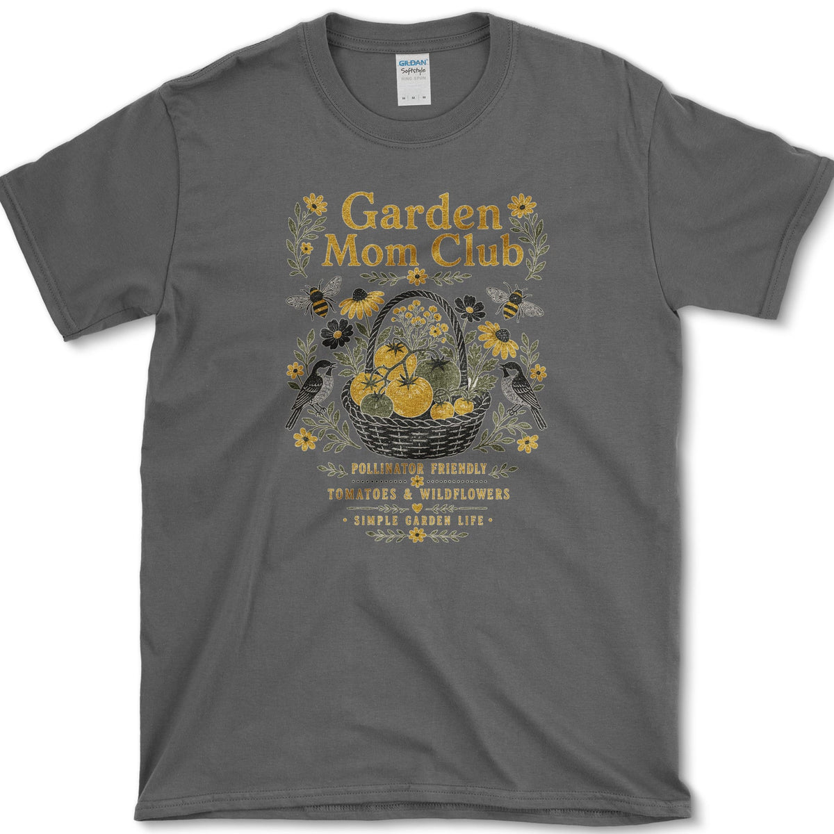 Bees and wildflowers surrounding a basket of tomatoes beneath Garden Mom Club and Pollinator Friendly lettering