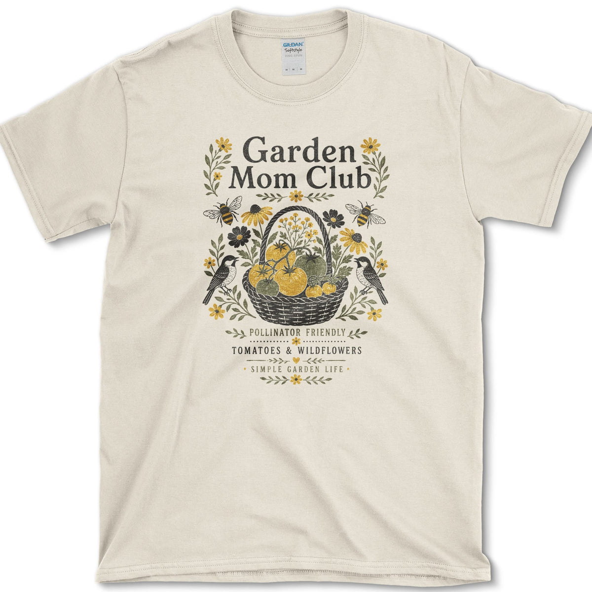 Bees and wildflowers surrounding a basket of tomatoes beneath Garden Mom Club and Pollinator Friendly lettering