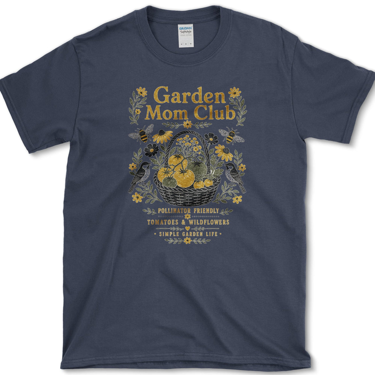 Bees and wildflowers surrounding a basket of tomatoes beneath Garden Mom Club and Pollinator Friendly lettering
