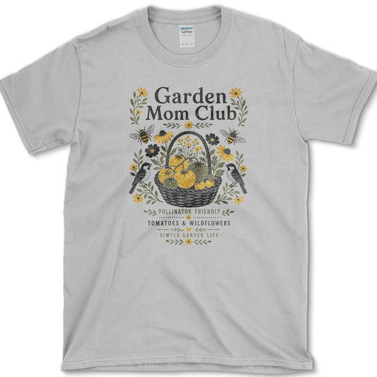 Bees and wildflowers surrounding a basket of tomatoes beneath Garden Mom Club and Pollinator Friendly lettering