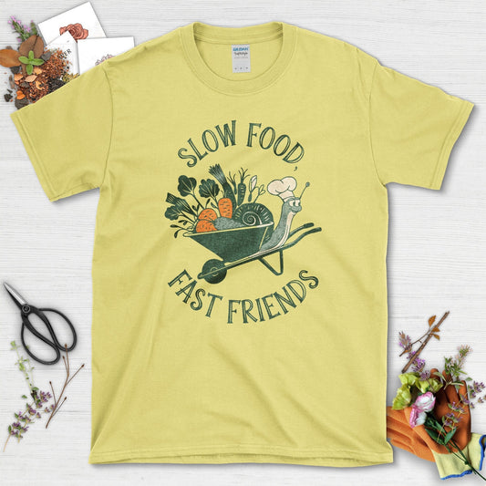 Slow Food Fast Friends T-Shirt T-Shirts / S / Cornsilk Physical Item