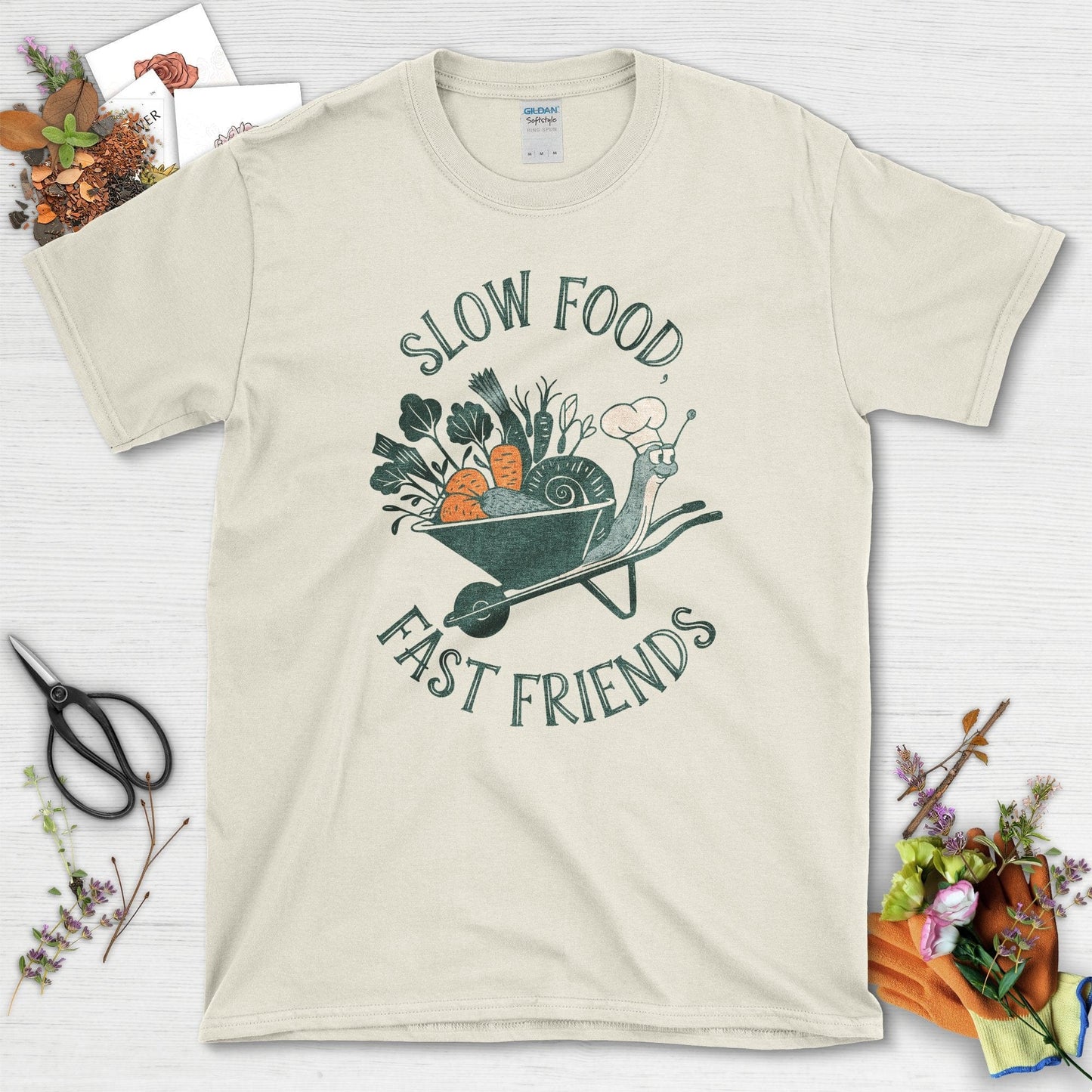 Slow Food Fast Friends T-Shirt T-Shirts / S / Natural Physical Item