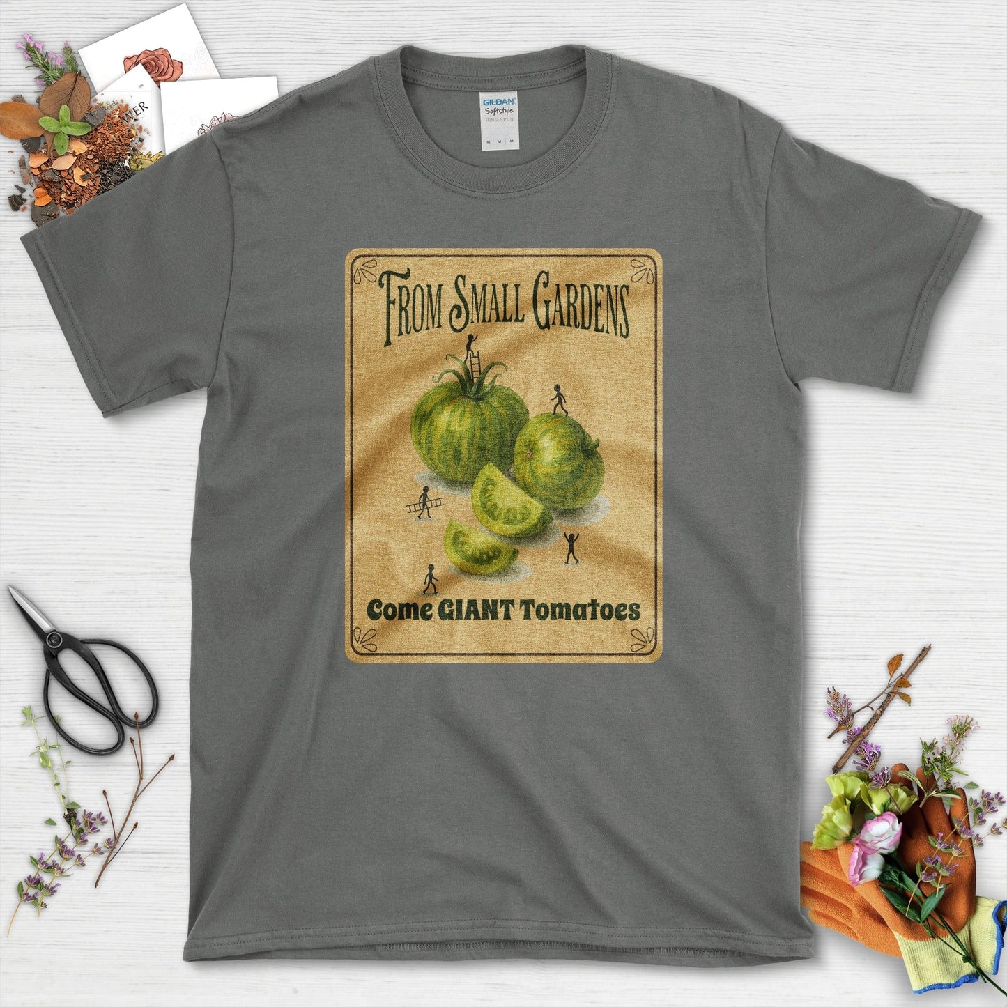 Small Gardens, Giant Tomatoes T-Shirt T-Shirts / S / Charcoal Physical Item