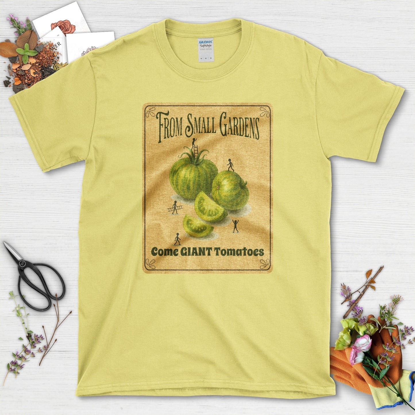 Small Gardens, Giant Tomatoes T-Shirt T-Shirts / S / Cornsilk Physical Item