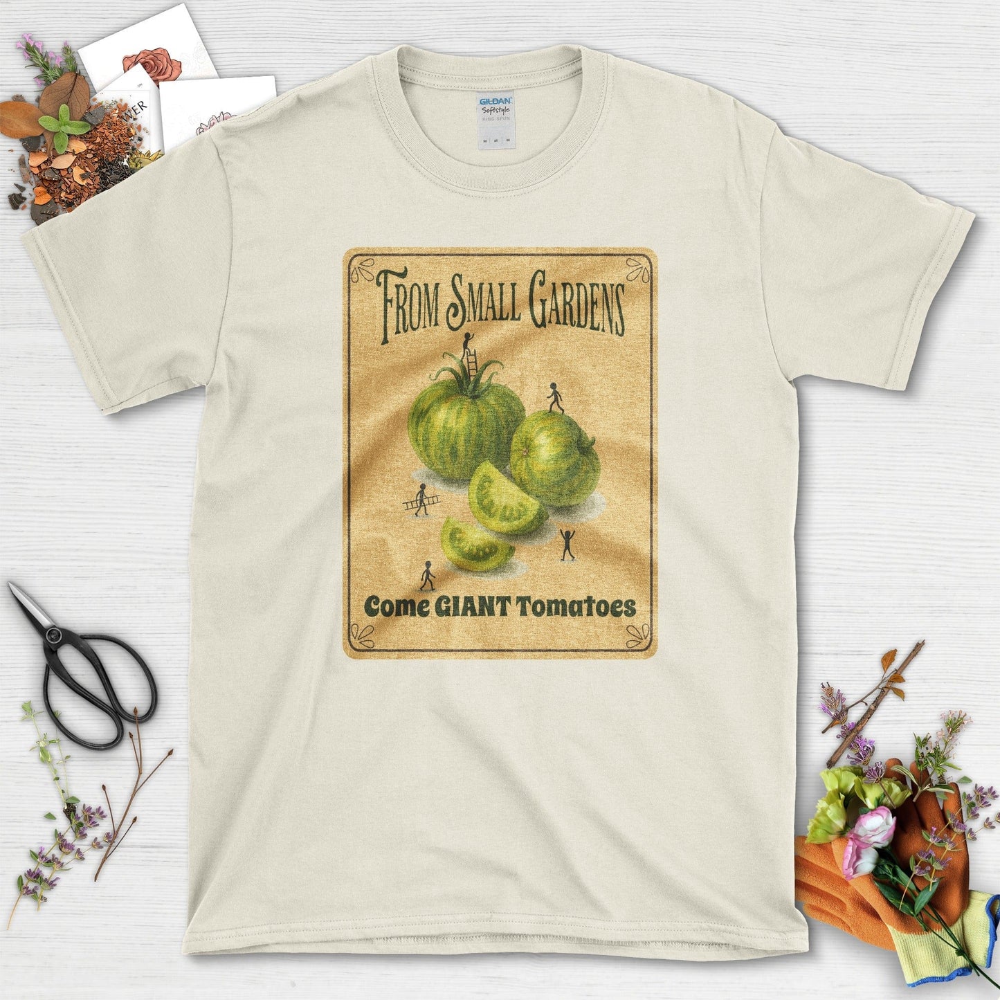 Small Gardens, Giant Tomatoes T-Shirt T-Shirts / S / Natural Physical Item