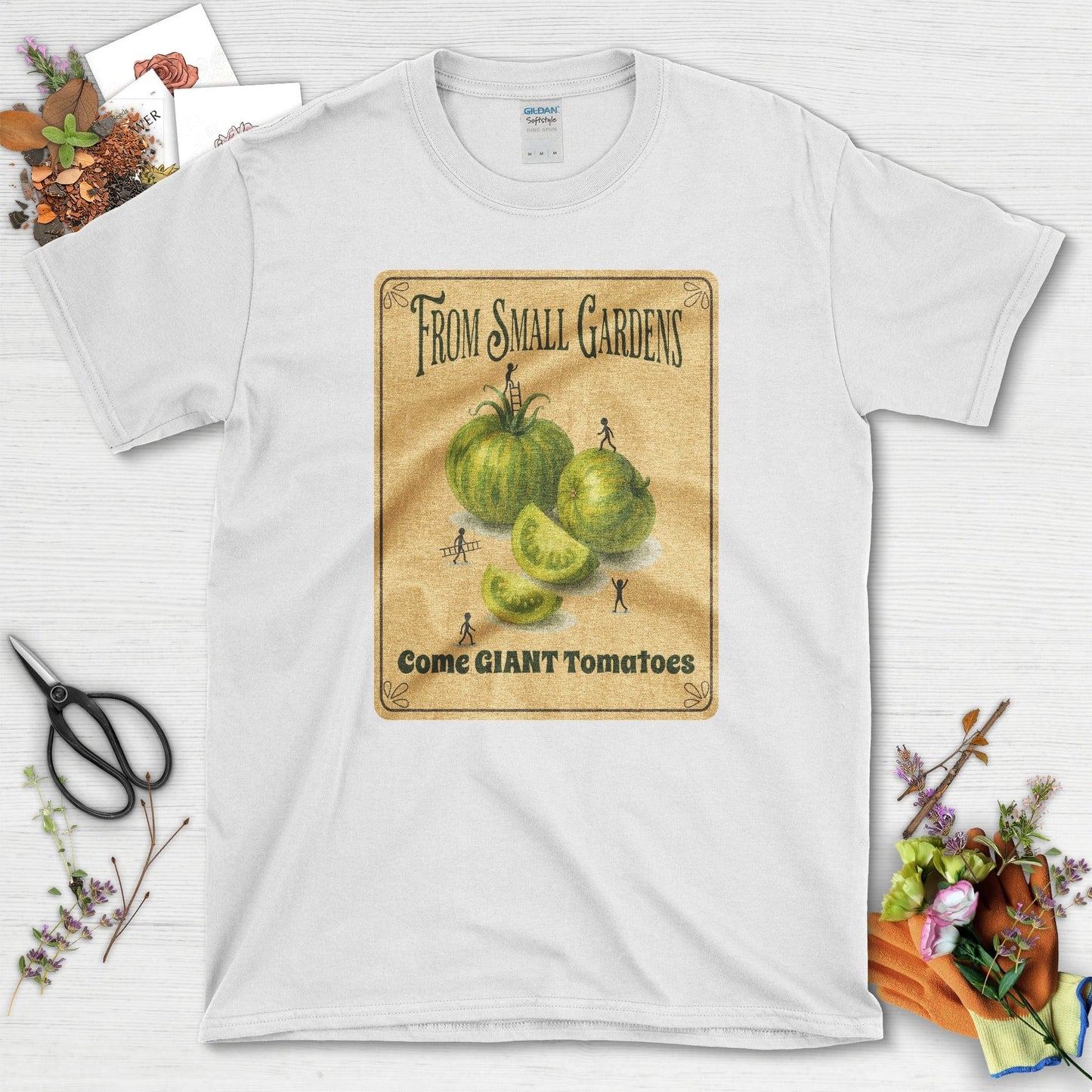 Small Gardens, Giant Tomatoes T-Shirt T-Shirts / S / White Physical Item