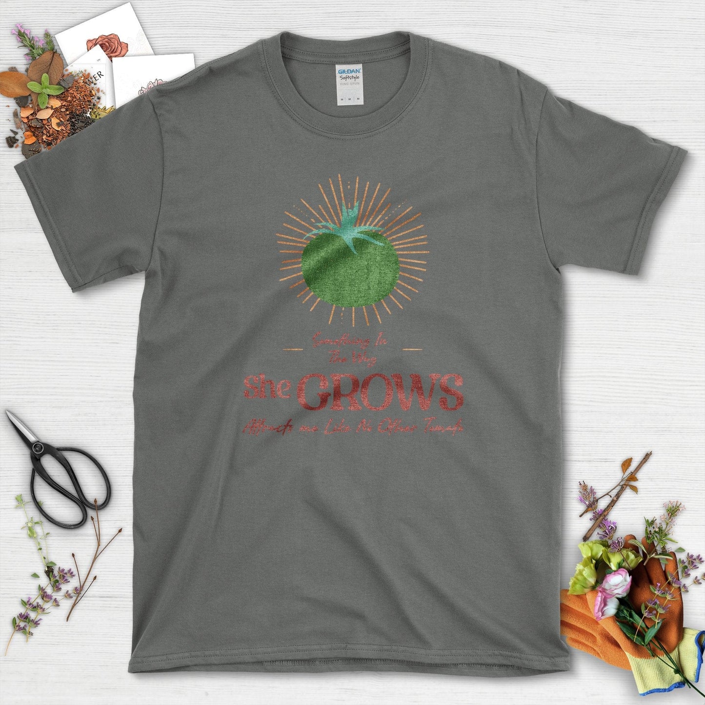 Something in the Way She Grows Tomato T-Shirt Charcoal / S Physical Item
