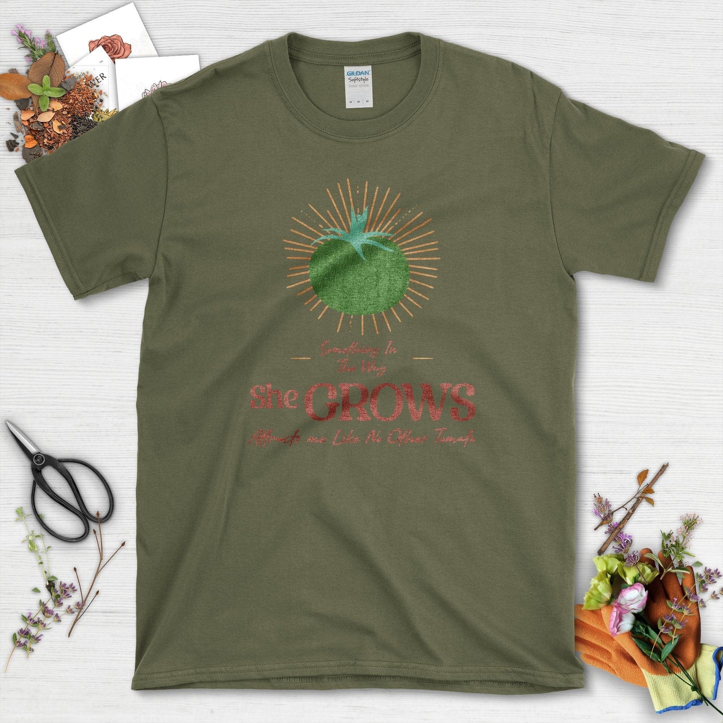 Something in the Way She Grows Tomato T-Shirt Military Green / S Physical Item
