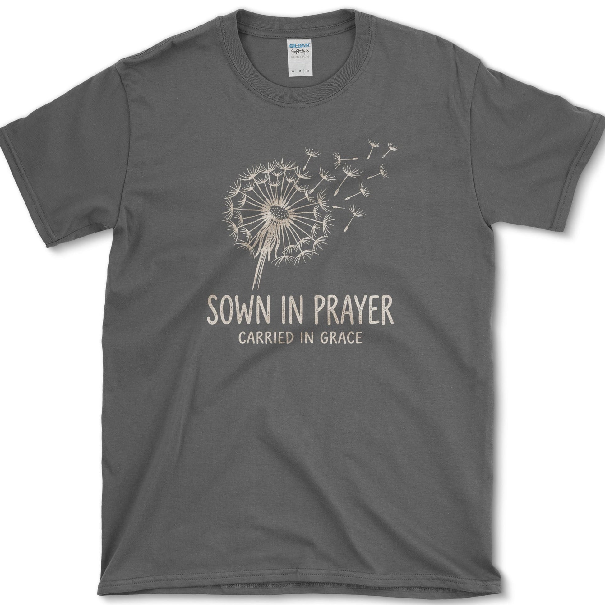 Sown in Prayer design featuring dandelion artwork on a t-shirt
