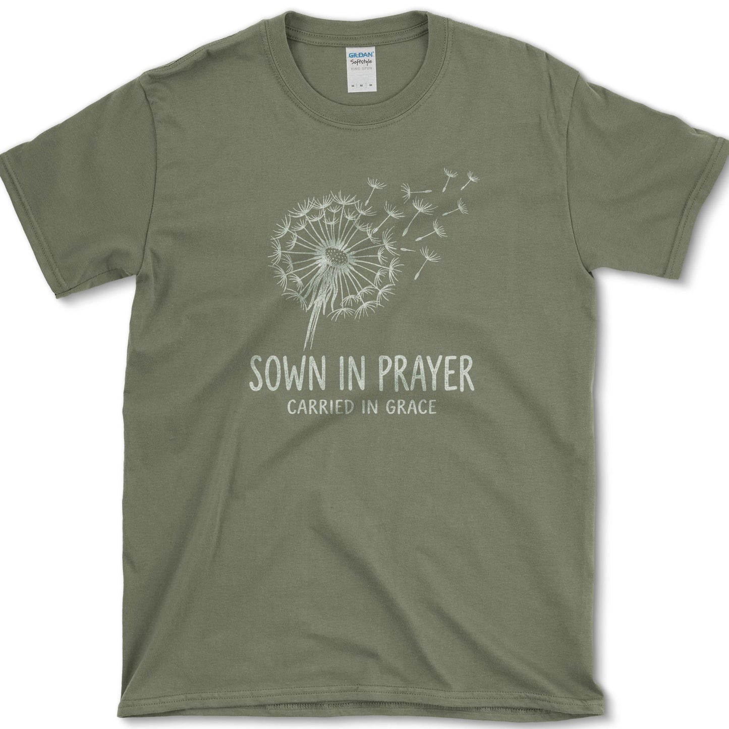 Sown in Prayer design featuring dandelion artwork on a t-shirt