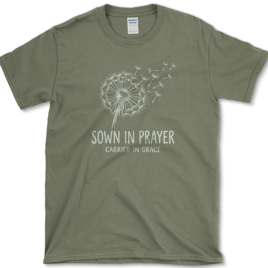 Sown in Prayer design featuring dandelion artwork on a t-shirt