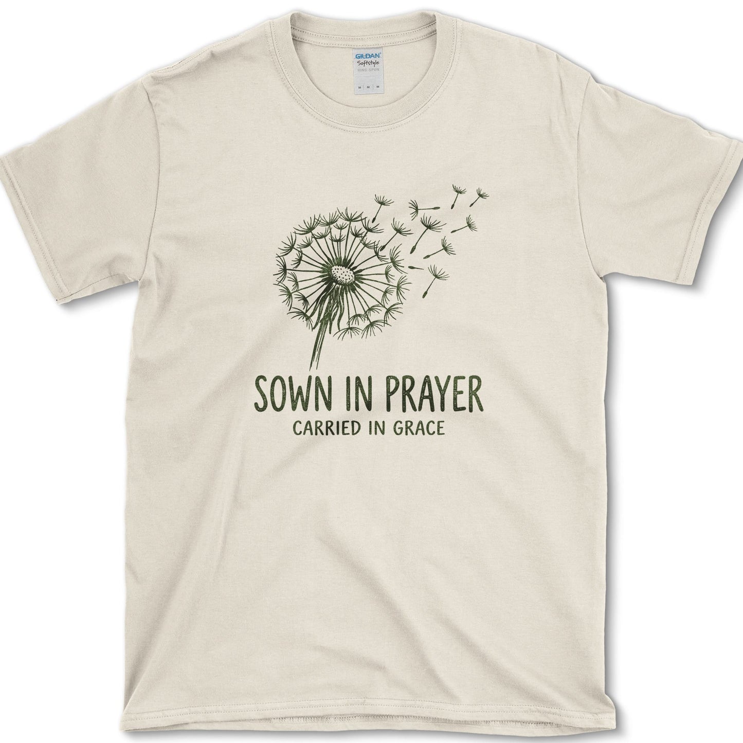 Sown in Prayer design featuring dandelion artwork on a t-shirt