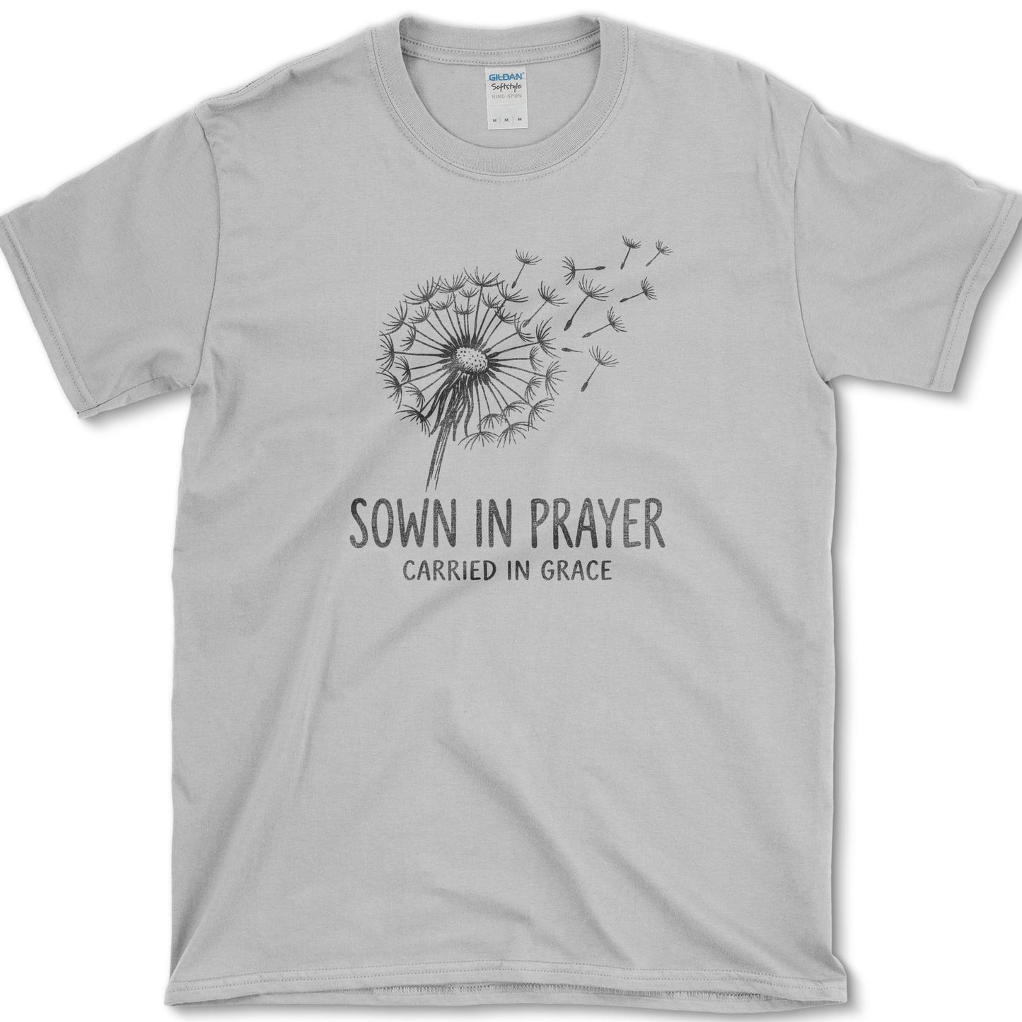 Sown in Prayer design featuring dandelion artwork on a t-shirt