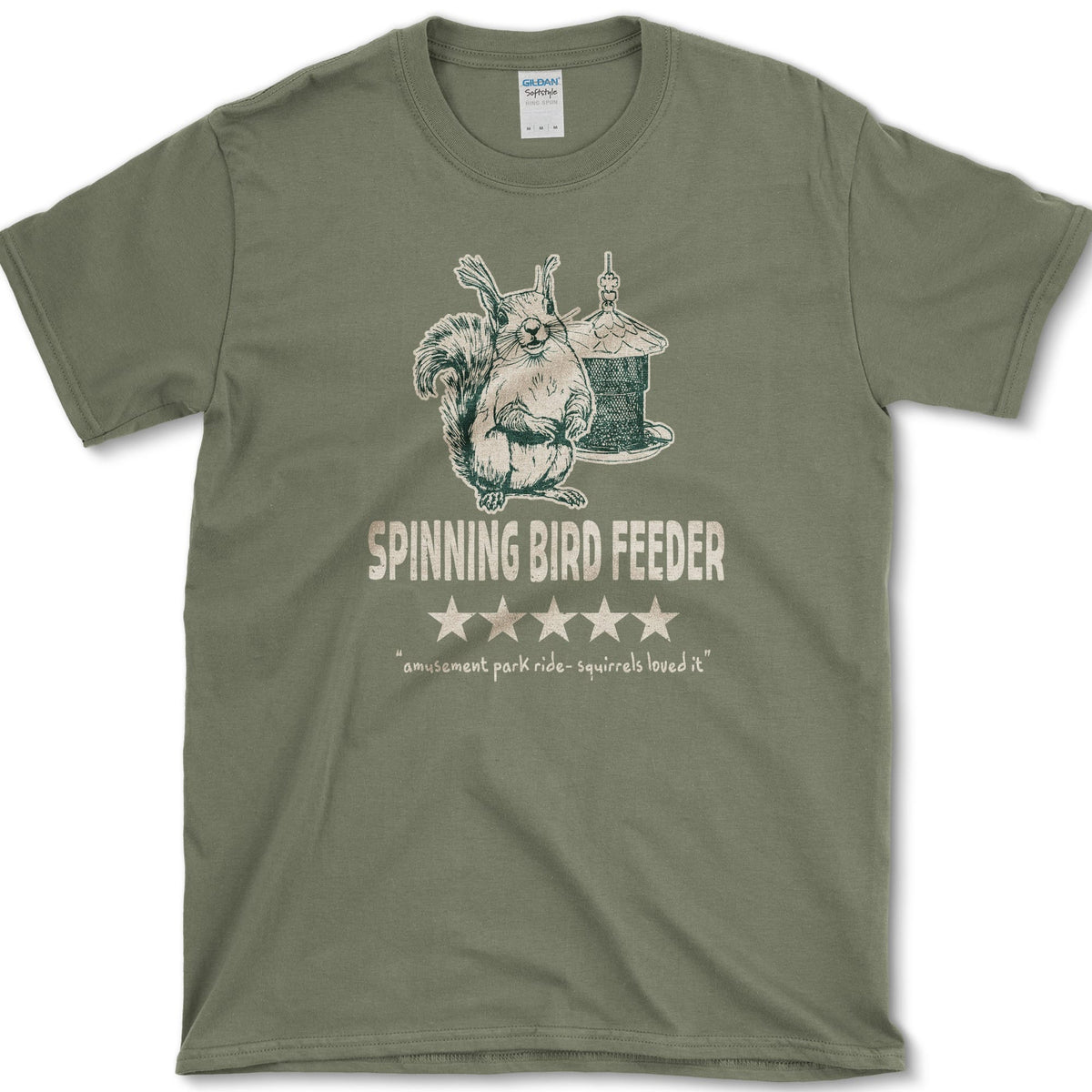 Spinning Bird Feeder Squirrel T-Shirt Military Green / S Essential Tees