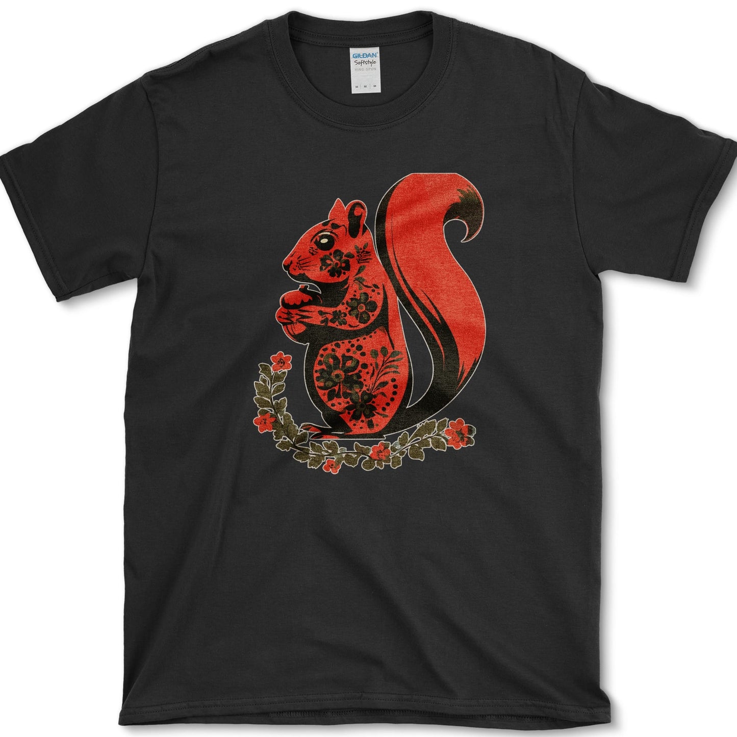 Squirrel artwork featuring folk art squirrel and squirrel and acorn on a t-shirt