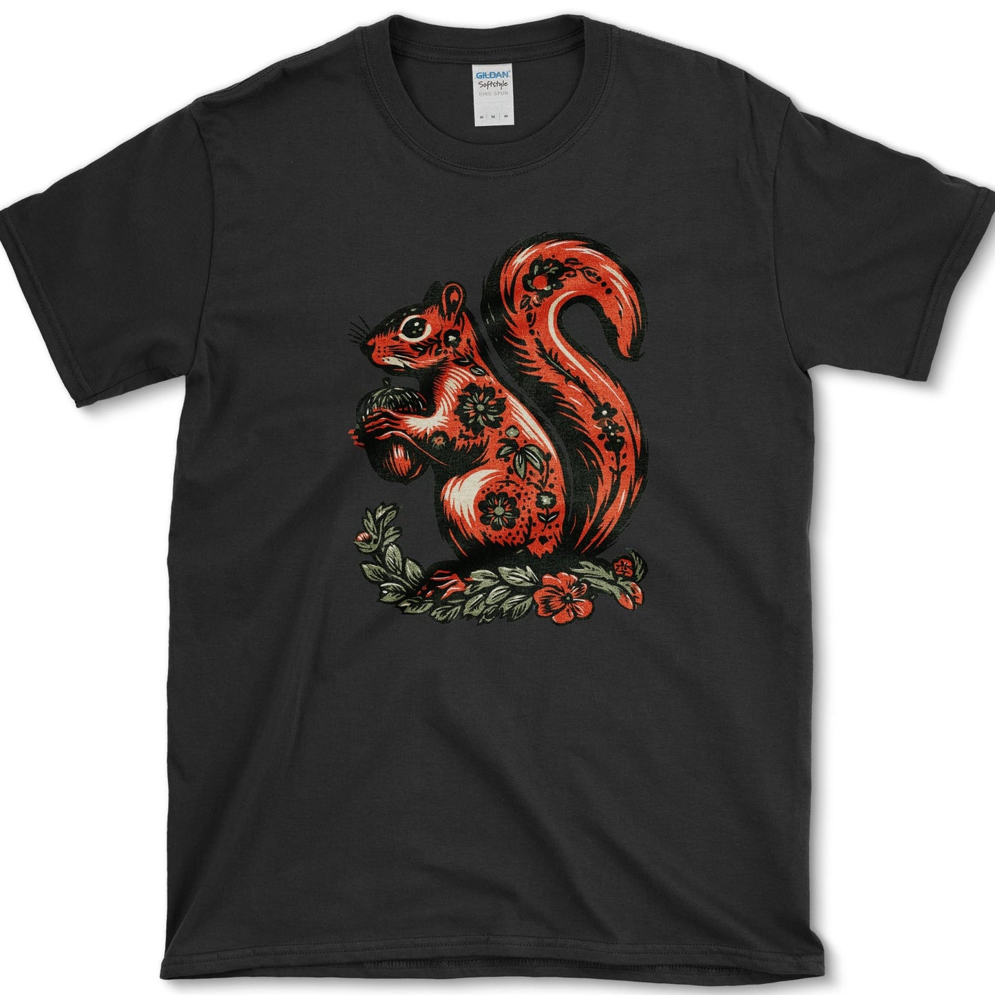 Squirrel artwork featuring folk art squirrel and squirrel and acorn on a t-shirt