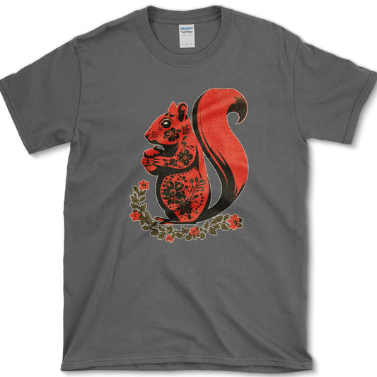 Squirrel artwork featuring folk art squirrel and squirrel and acorn on a t-shirt