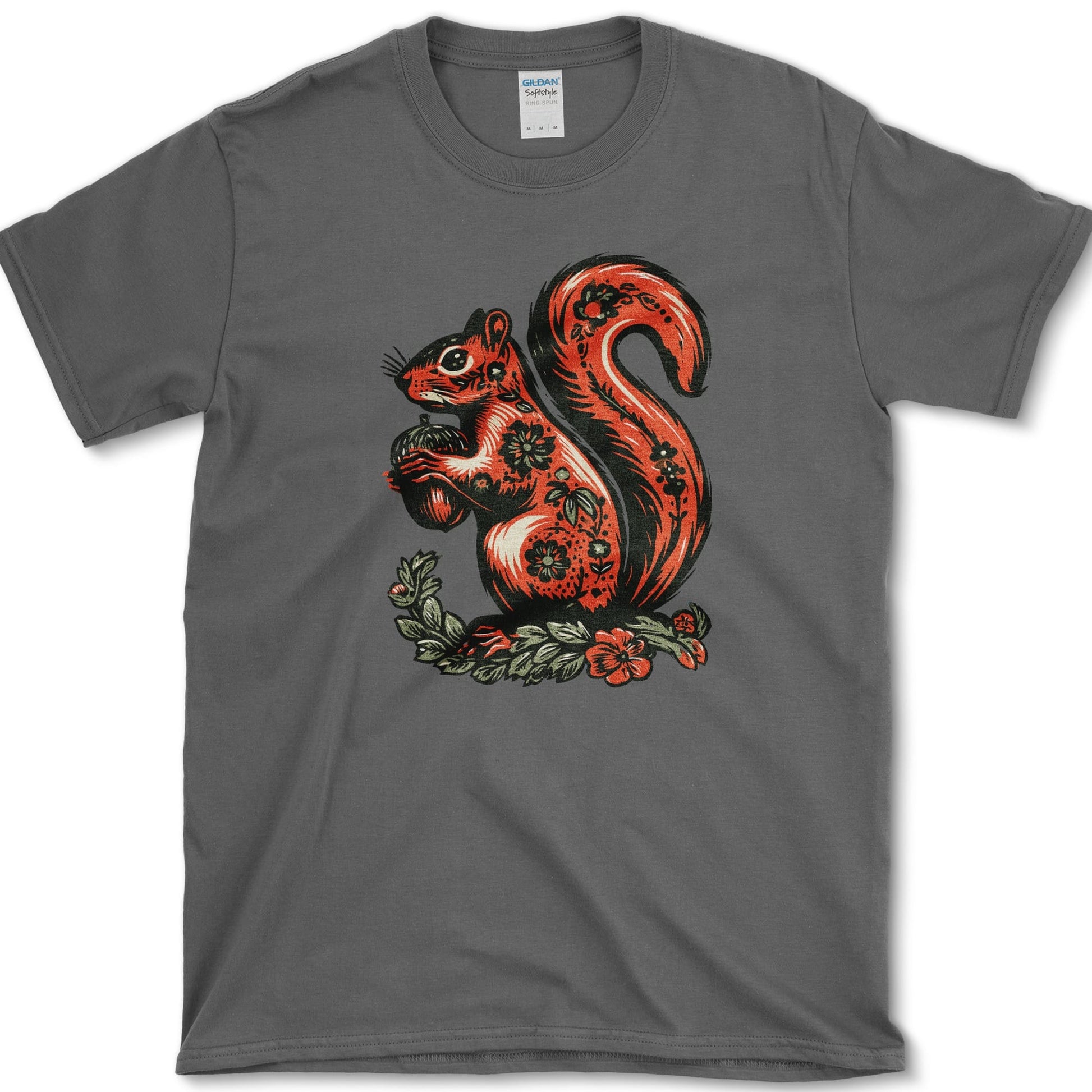 Squirrel artwork featuring folk art squirrel and squirrel and acorn on a t-shirt