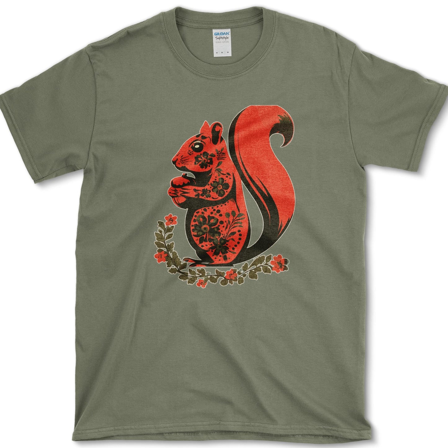 Squirrel artwork featuring folk art squirrel and squirrel and acorn on a t-shirt