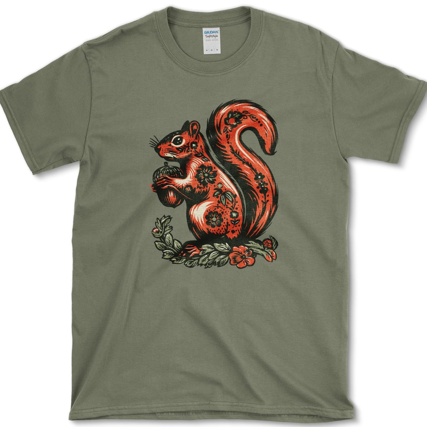 Squirrel artwork featuring folk art squirrel and squirrel and acorn on a t-shirt