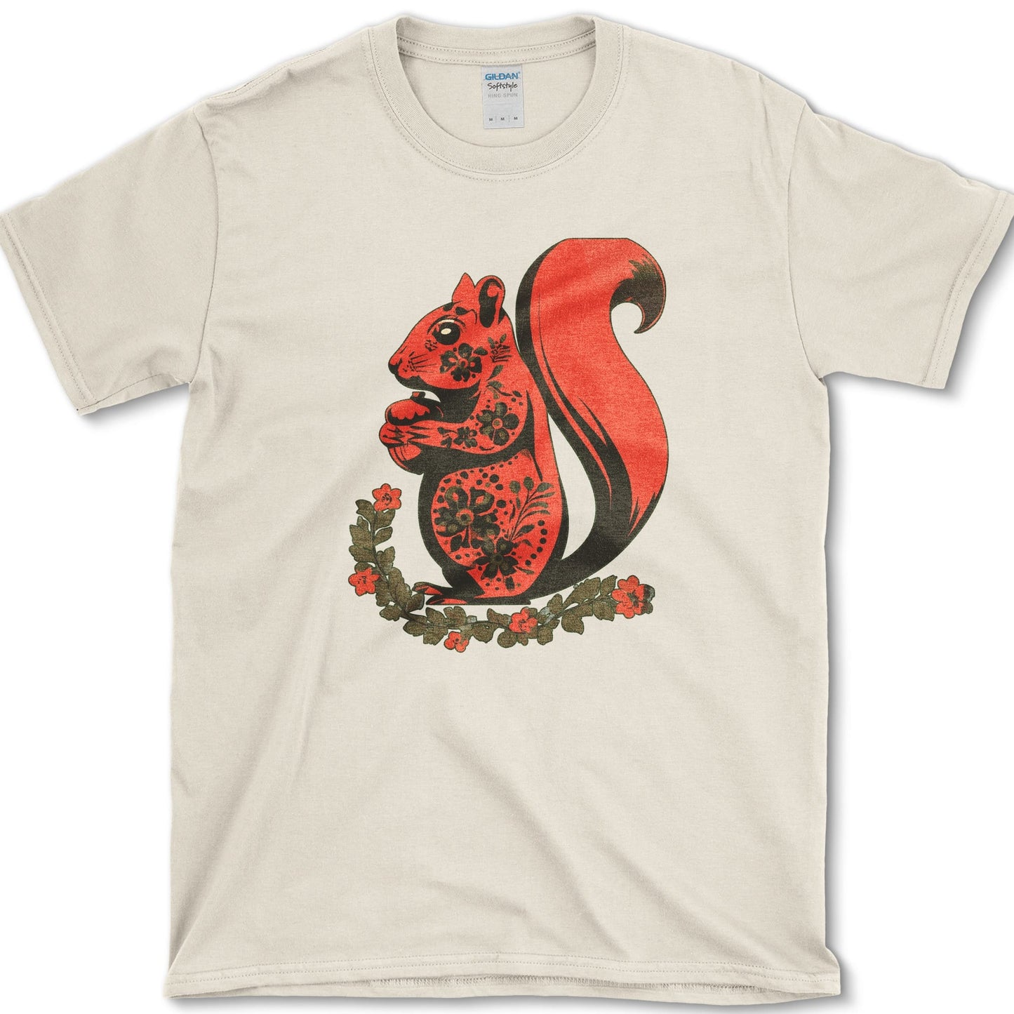 Squirrel artwork featuring folk art squirrel and squirrel and acorn on a t-shirt