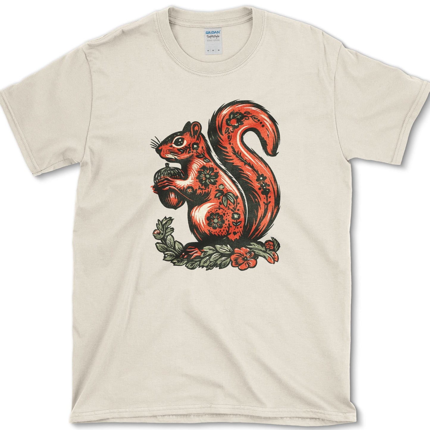 Squirrel artwork featuring folk art squirrel and squirrel and acorn on a t-shirt
