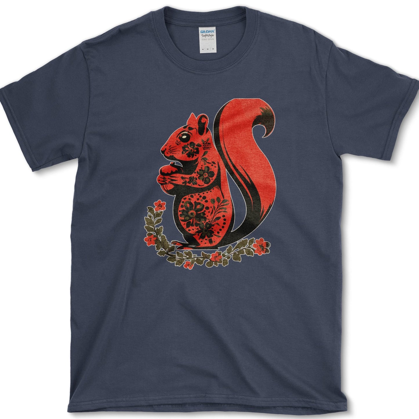 Squirrel artwork featuring folk art squirrel and squirrel and acorn on a t-shirt
