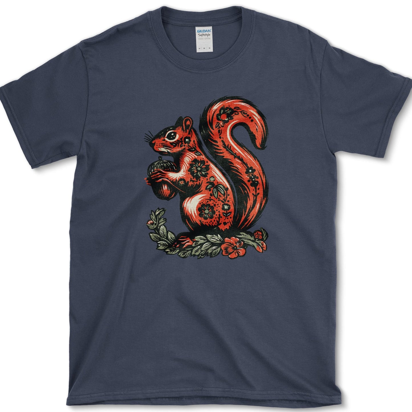 Squirrel artwork featuring folk art squirrel and squirrel and acorn on a t-shirt