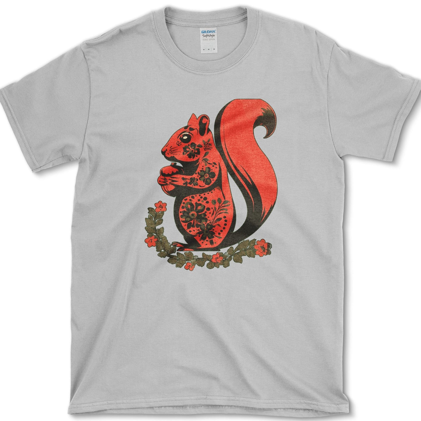Squirrel artwork featuring folk art squirrel and squirrel and acorn on a t-shirt