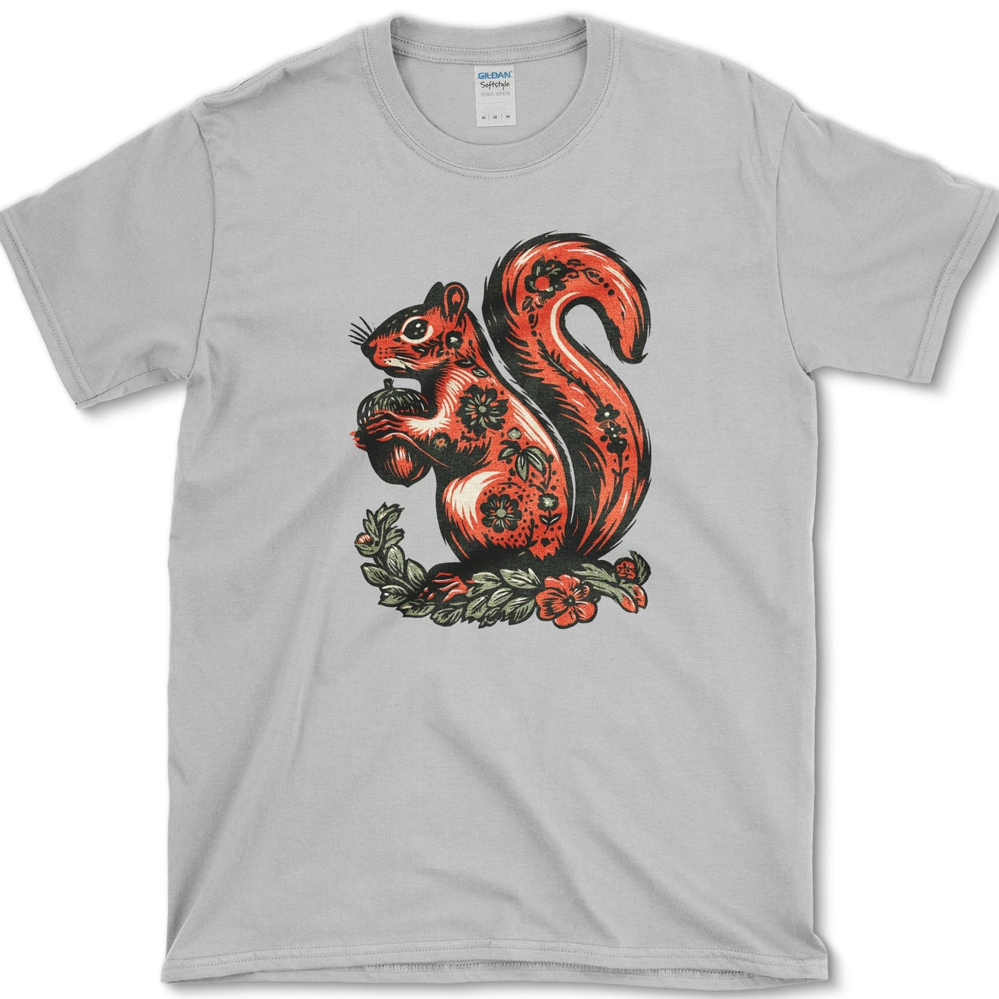 Squirrel artwork featuring folk art squirrel and squirrel and acorn on a t-shirt