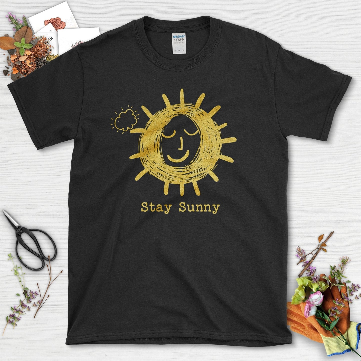 Stay Sunny Graphic Sun and Cloud T-Shirt Black / S T-Shirt