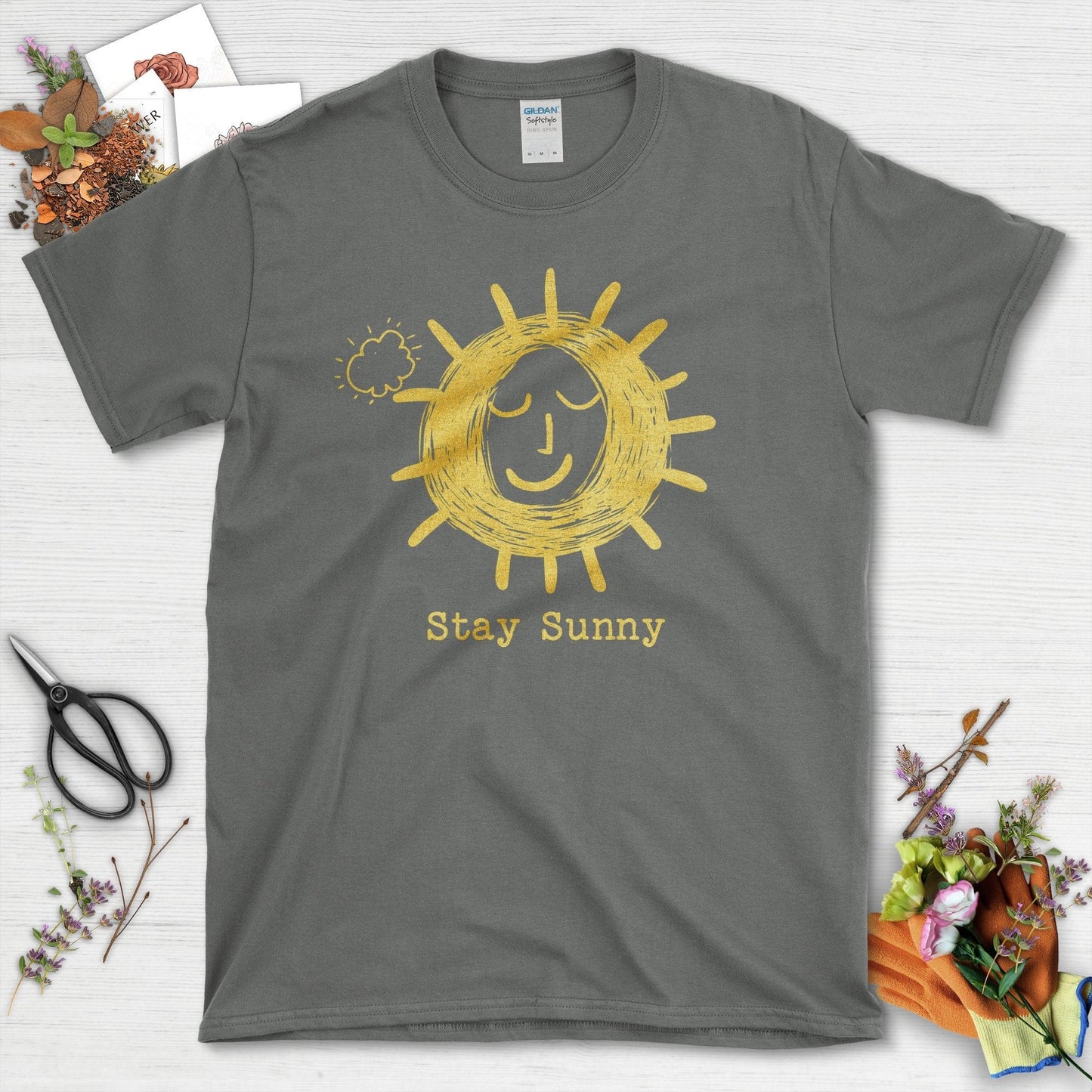 Stay Sunny Graphic Sun and Cloud T-Shirt Charcoal / S T-Shirt